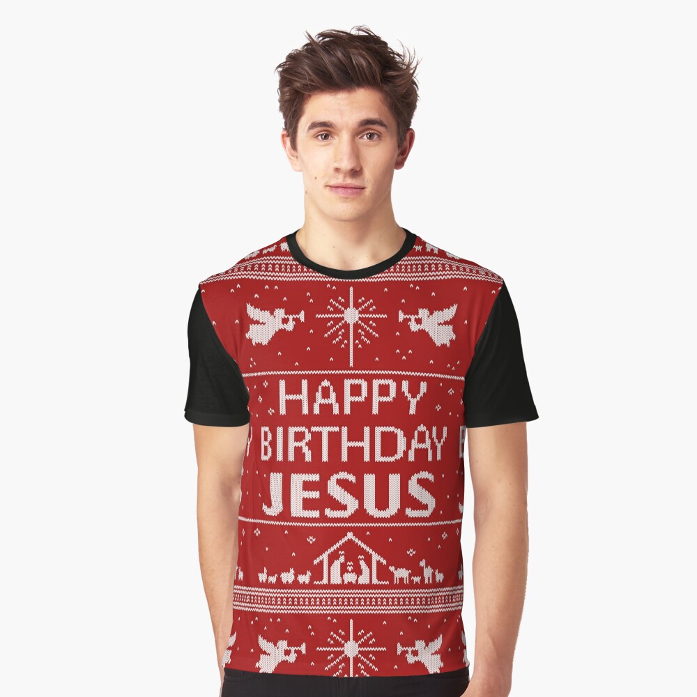 T Shirt Joyeux Anniversaire Jesus Pull De Noel Moche Scandinave Knit Red White Religieux Chretien Par 26 Characters Redbubble