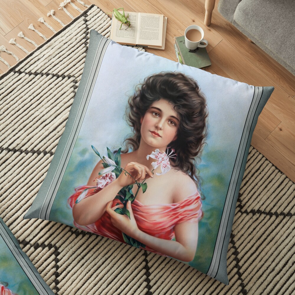 Woman with Lily by Louis Prang Remastered Retro Art Xzendor7 Reproductions Floor Pillow