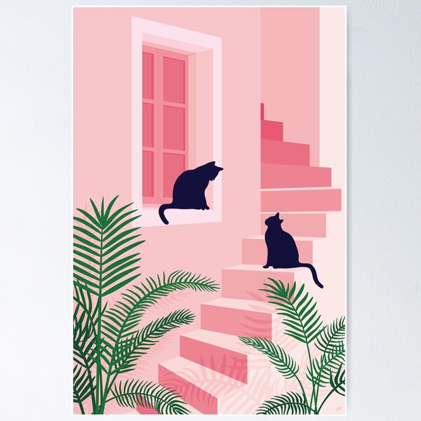 Item preview, Two Cats Meeting On Pink Stairs designed and sold by zykydesigns.