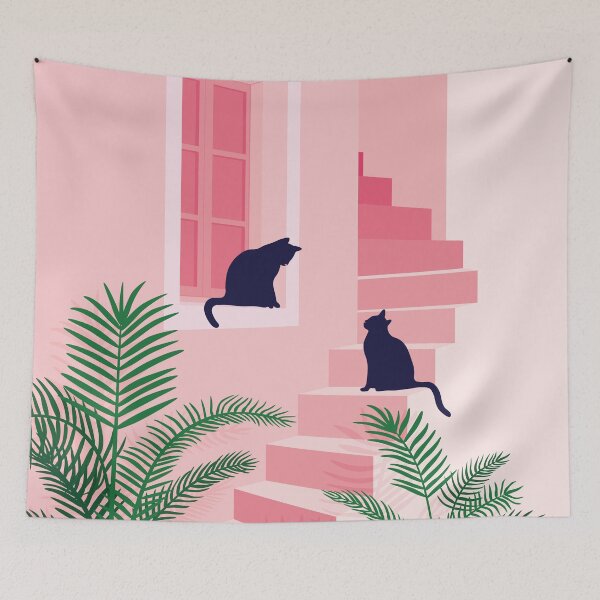 Item preview, Two Cats Meeting On Pink Stairs designed and sold by zykydesigns.