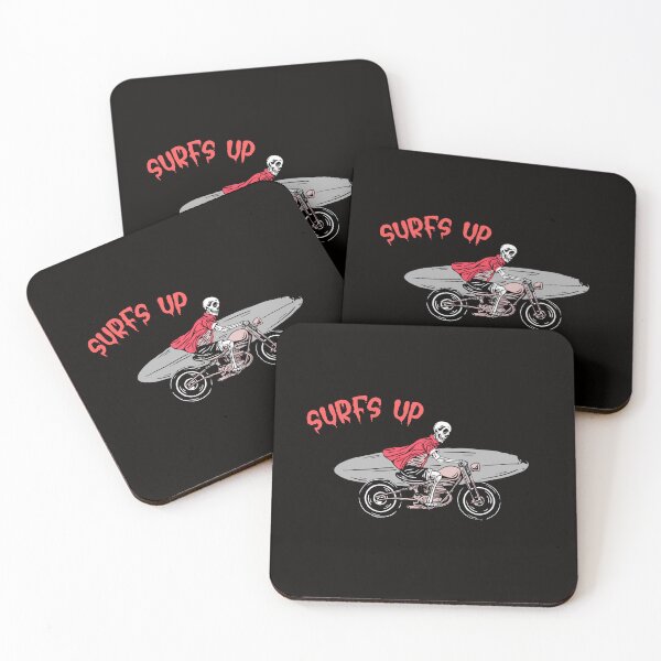 Item preview, biker with surfboard"surfs up" slogan designed and sold by ydsdesigns.