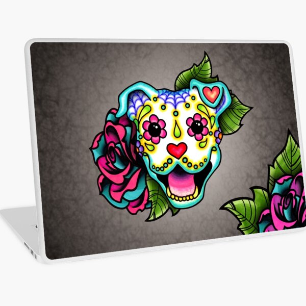 Smiling Pit Bull in White - Day of the Dead Pitbull - Sugar Skull Dog Laptop Skin