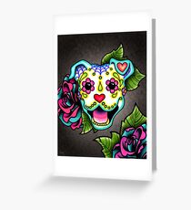 Tarjeta de felicitación Pitbull sonriente en blanco - Día de los muertos Pitbull - Sugar Skull Dog