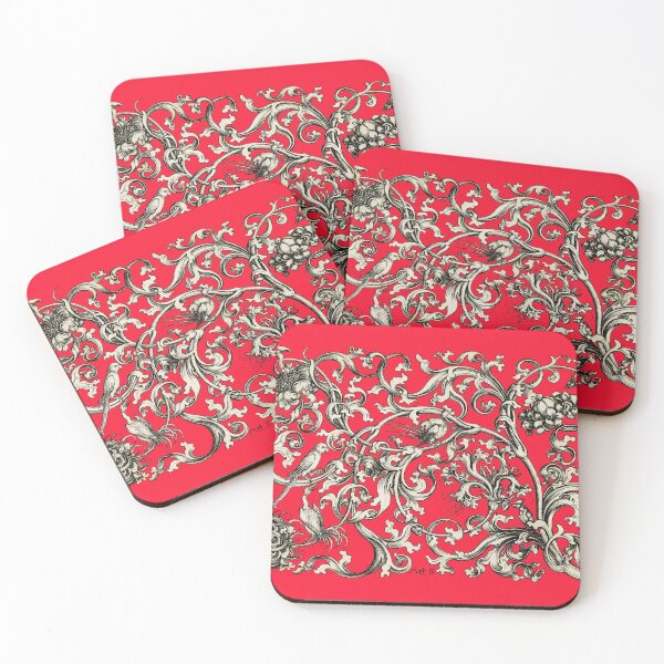 Item preview, FANTASTIC BIRDS AND PARROTS AMONG FLOWER SWIRLS Black White Red Gothic Floral designed and sold by BulganLumini.
