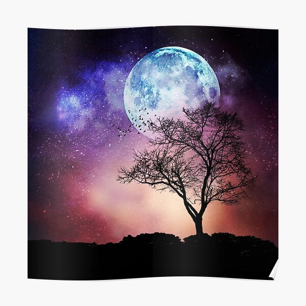Moon Tree - Magical Night Scene with Tree and Full Moon Poster