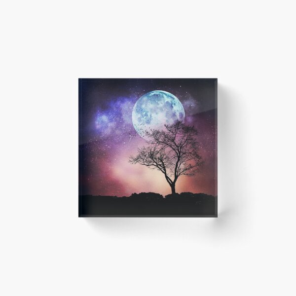 Moon Tree - Magical Night Scene with Tree and Full Moon Acrylic Block