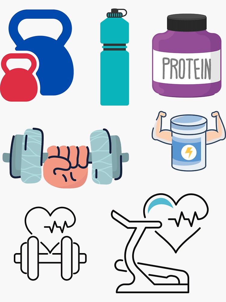 Gym Essentials Protein, Shaker, Bra, Kettlebell, Dumbbell, Water bottle  Sticker for Sale by Sam Artist