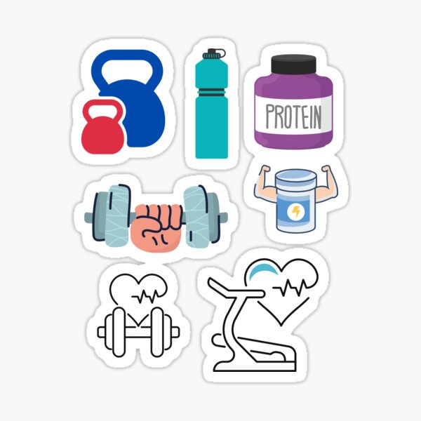 Gym Essentials Protein, Shaker, Bra, Kettlebell, Dumbbell, Water bottle  Sticker for Sale by Sam Artist
