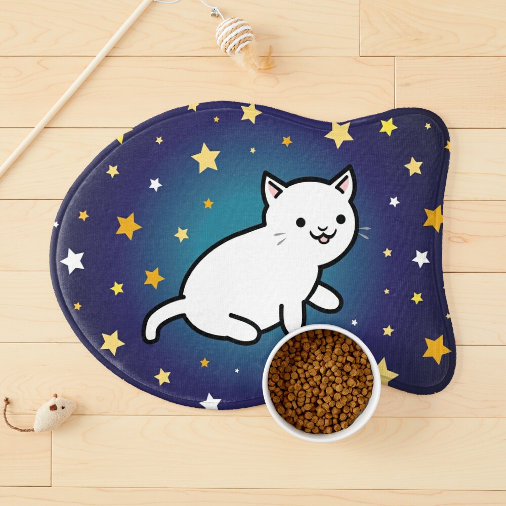 Cute Kawaii White Cat with Moon and Star Frame, Galaxy background | Pet Mat