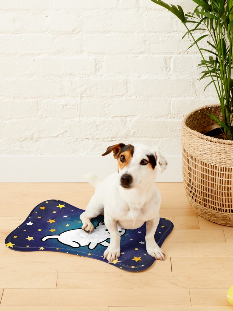 Cute Kawaii White Cat with Moon and Star Frame, Galaxy background | Pet Mat