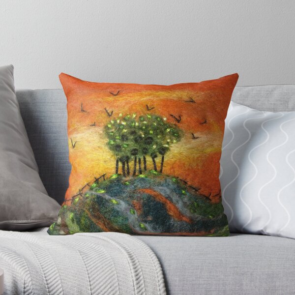 Orange Trees Felted Textile Art Throw Pillow