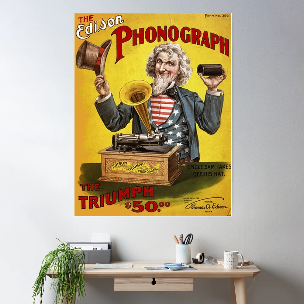 EDISON PHONOGRAPH: Vintage Uncle Sam U.S Advertising Print | Poster