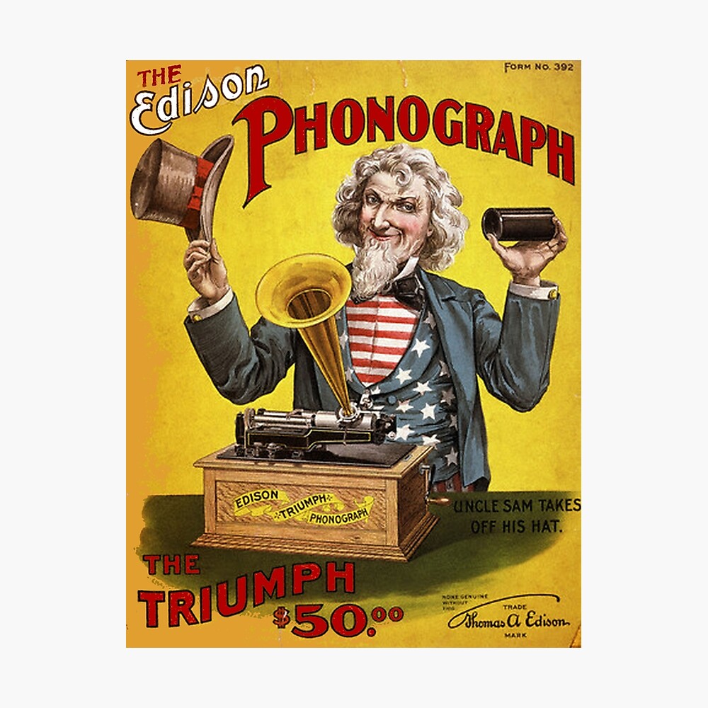 EDISON PHONOGRAPH: Vintage Uncle Sam U.S Advertising Print
