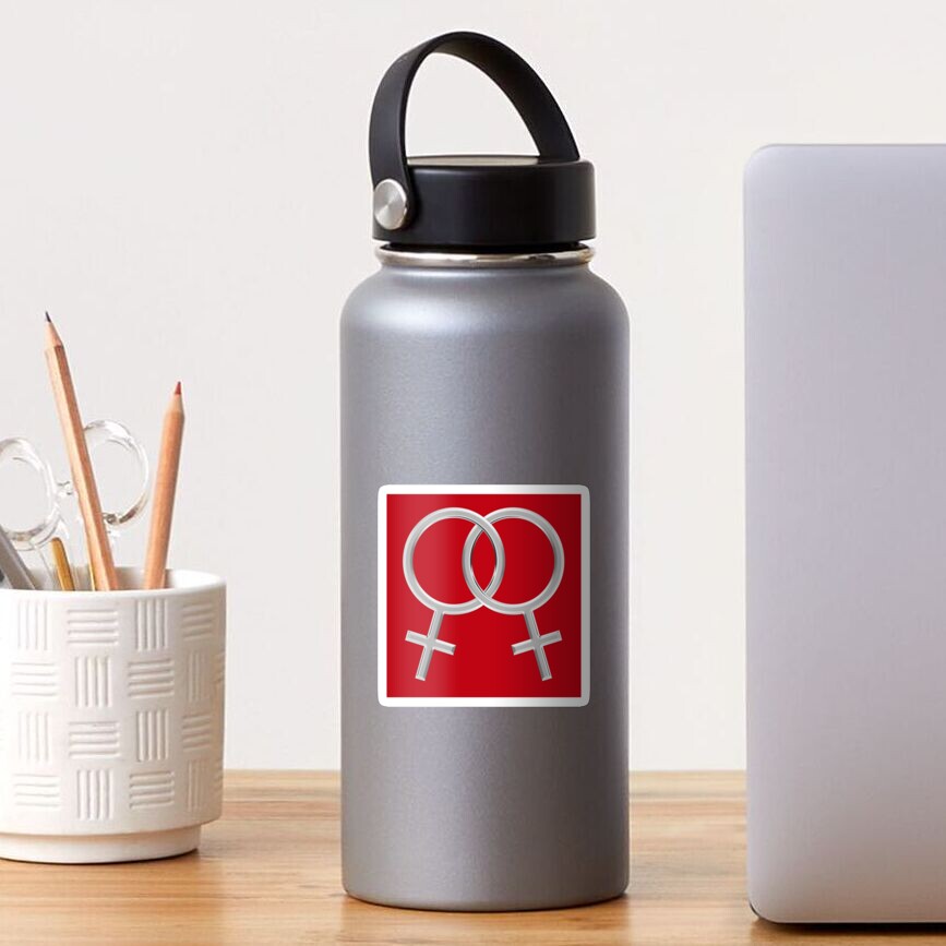 Two Interlocking Female Symbols (silver design - red background) Sticker