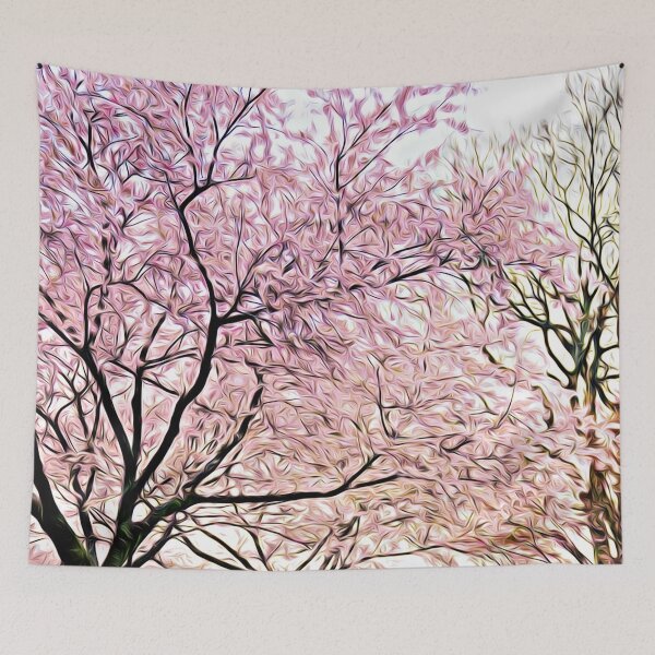 Aperçu de l'œuvre Long shot d'arbres à fleurs roses et reflet dans une flaque d'eau au printemps créée et vendue par UnlockingDesign.