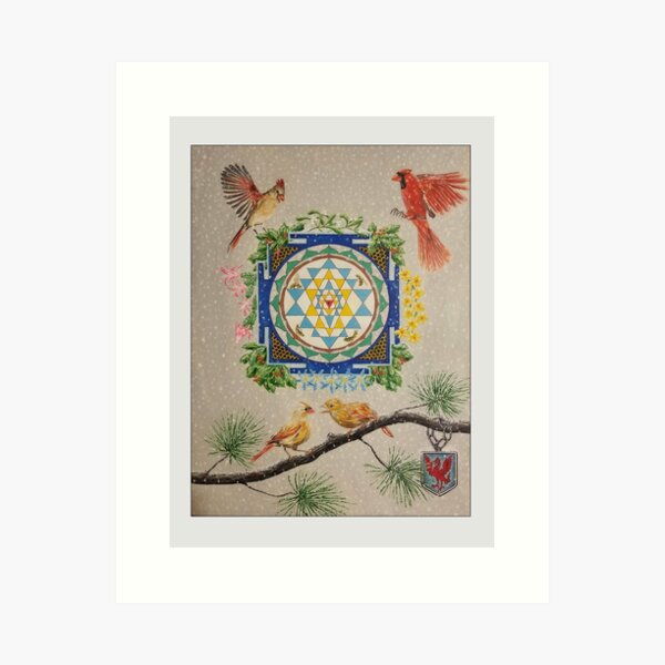 Cardinal Family in Winter with Yantra - prints and cards Art Print