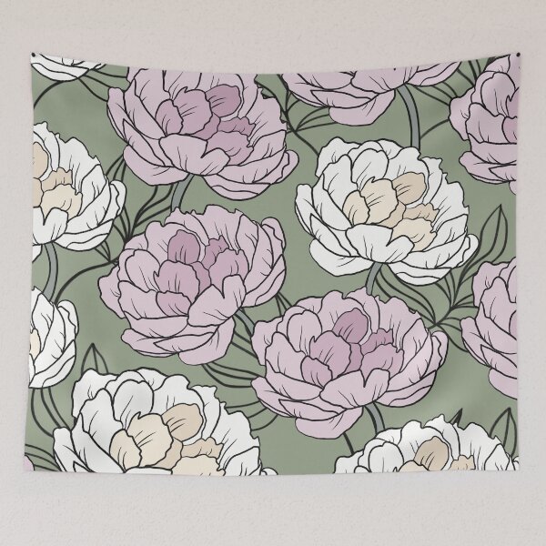 Item preview, The white and pink peonies in a lovely pattern pale green background designed and sold by marina63.