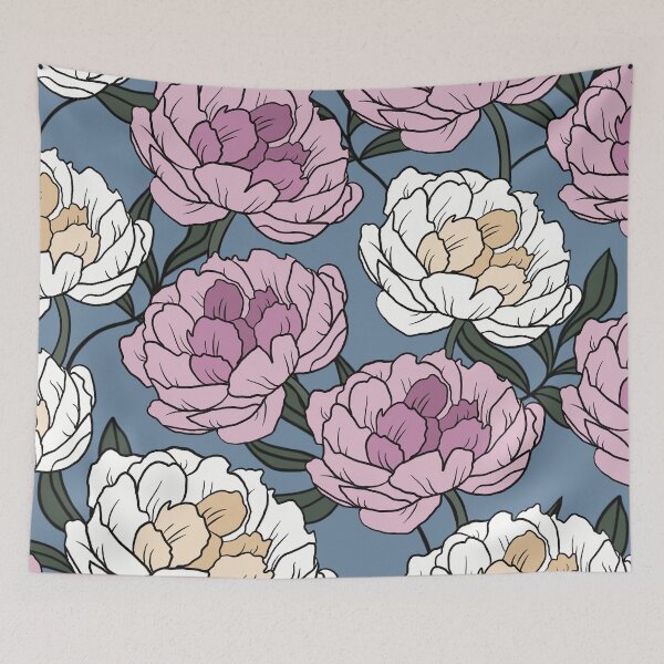 Item preview, The white and pink peonies in a lovely pattern pale blue background designed and sold by marina63.