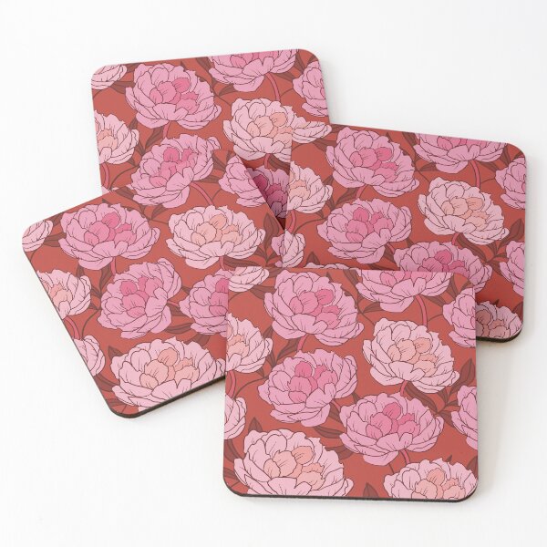 Item preview, The pink peonies in a lovely pattern on a red background designed and sold by marina63.