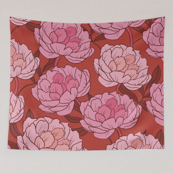 Item preview, The pink peonies in a lovely pattern on a red background designed and sold by marina63.