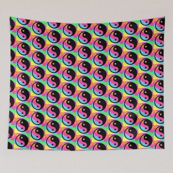 Item preview, Black Yin Yang Taijitu Symbol on a Rainbow Tie Dye Stripe Background Small Sized Repeating Pattern designed and sold by Nicolette Olivier.
