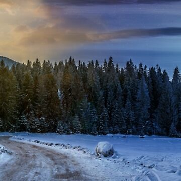 Artwork thumbnail, panorama of snowy road through spruce forest in mountains by mike-pellinni