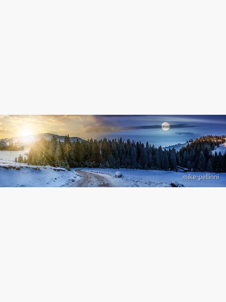 Thumbnail 3 of 3, Sticker, panorama of snowy road through spruce forest in mountains designed and sold by mike-pellinni.
