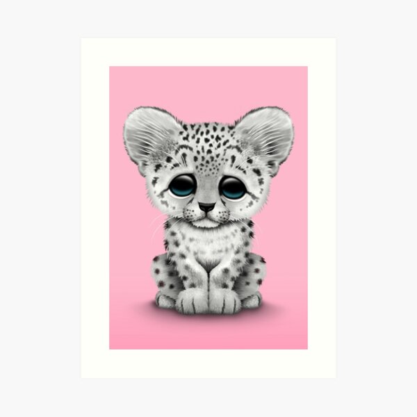 Cute Baby Snow Leopard Cub on Pink Art Print for Sale by jeff