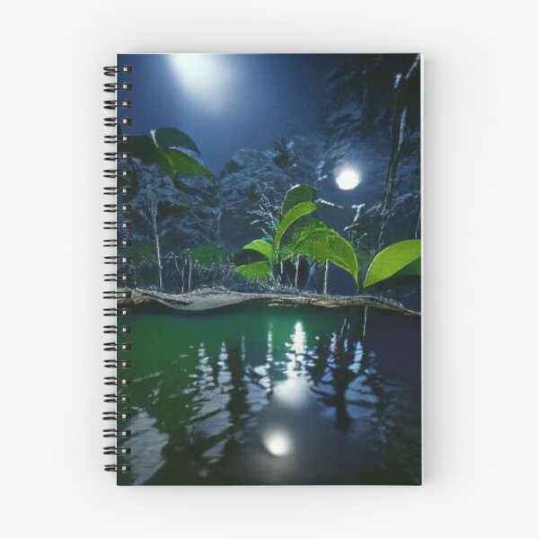 Artikelvorschau, Mondlicht auf einem stillen See nachts in einem tropischen Wald - Originelles, einzigartiges Kunstwerk entworfen und verkauft von quantumartz.