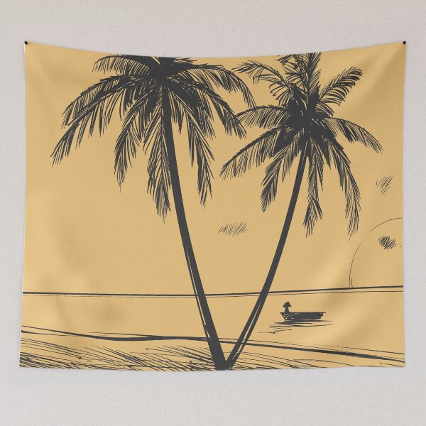 Item preview, Hand drawn summer beach background with palms and a boat designed and sold by TastefulDesigns.