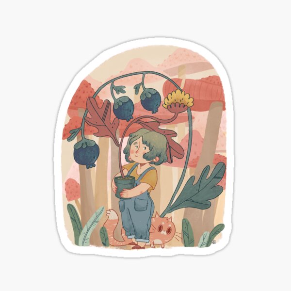 Little Gardener | Garden gal with mushrooms and Cat Sticker