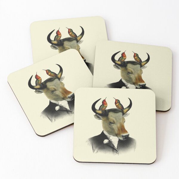 Item preview, Banteng with hummingbirds portrait (cream) designed and sold by Madame Memento.