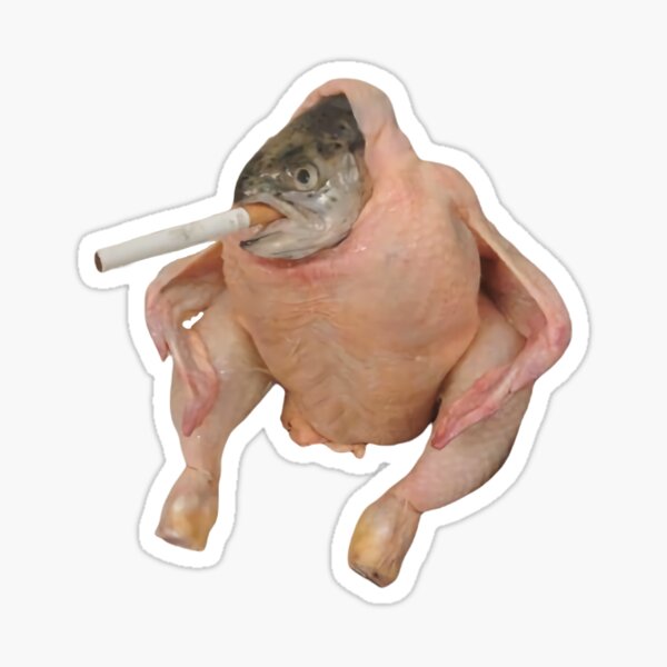 Vista previa del artículo con la obra «Meme divertido de pollo y pez fumando un cigarrillo en HD», diseñado y vendido por fomodesigns.