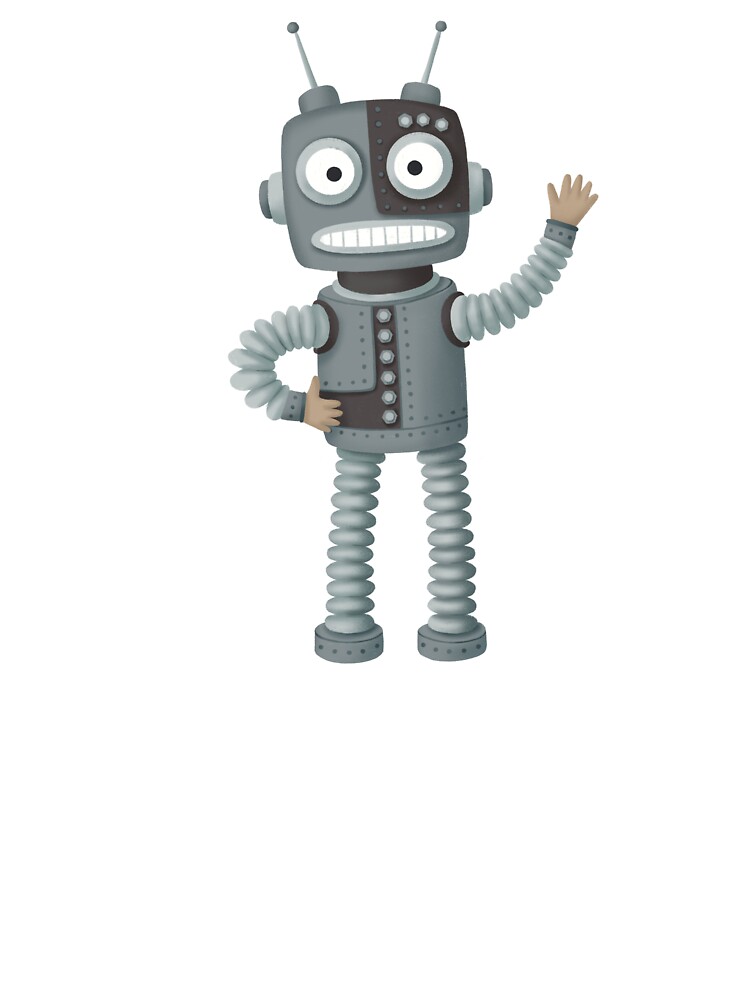 Kinder T-Shirt for Sale mit Ein niedlicher Cartoon-Roboter in grauer Farbe  steht und winkt Hallo von Kyb4ik