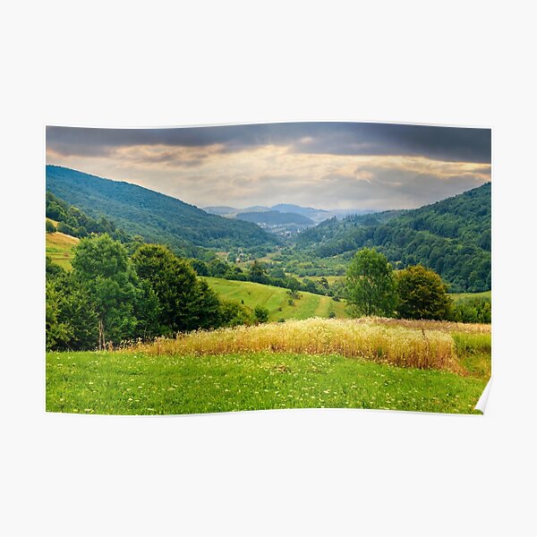 village on hillside meadow Poster