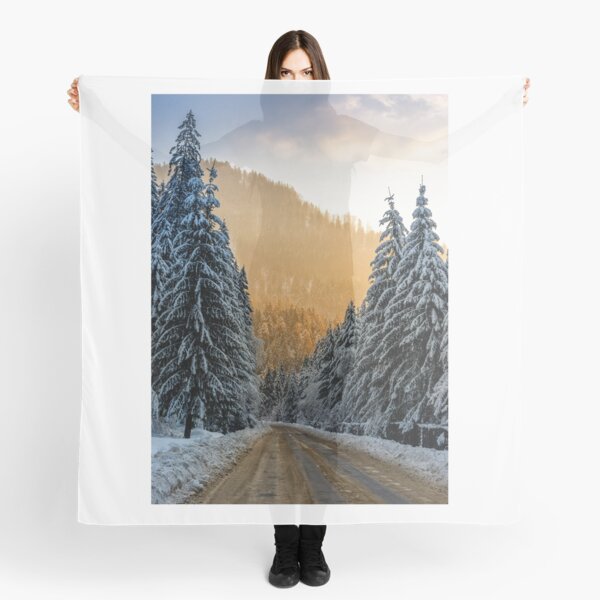 snowy road through spruce forest at sunset Scarf