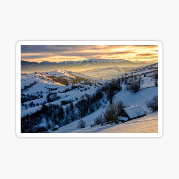 winter landscape in mountainous rural area at sunrise Sticker