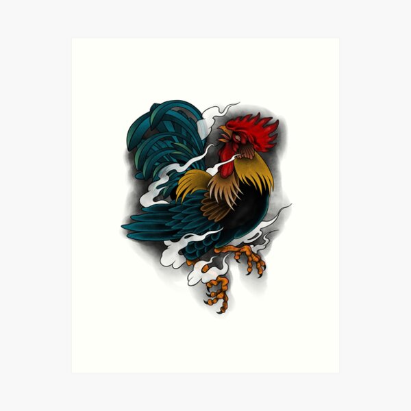 A drawing of a rooster in the style of a tattoo. It looks like a  stereotypical asian dragon back tattoo on Craiyon