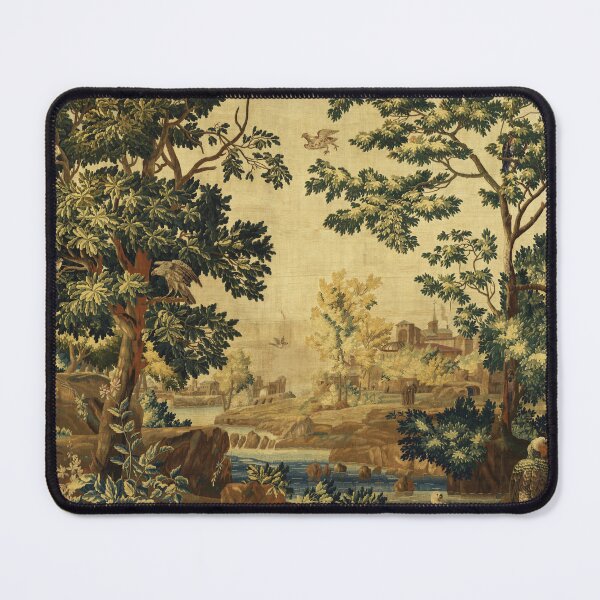 Item preview, Wood Landscape with Birds,Trees and River, Antique Flemish Tapestry in Brown Ivory Blue designed and sold by BulganLumini.