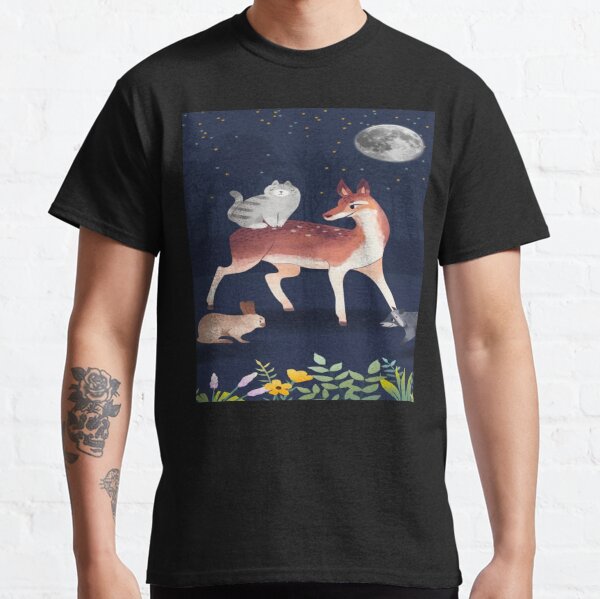 A Deer With A Rabbit Under The Moonlight And Stars In The Forest  art  Classic T-Shirt