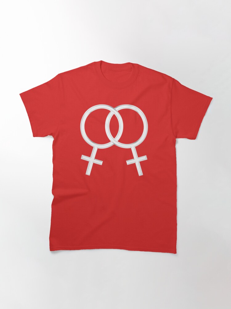 Alternate view of Two Interlocking Female Symbols (white design - red background) Classic T-Shirt