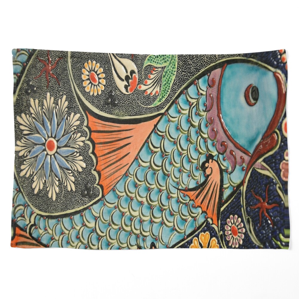 folk art orange blue japanese good luck koi fish Tapestry for