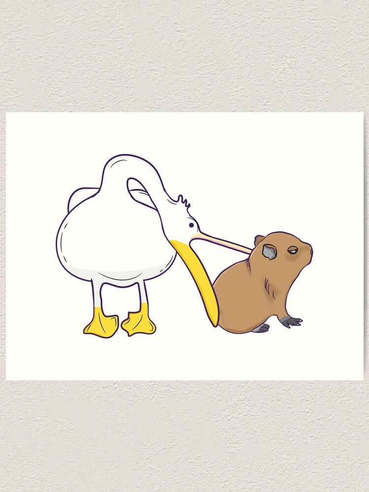 "Pelican Tries to Eat Capybara Funny Cute Kawaii Meme" Art Print for Sale by alltheprints