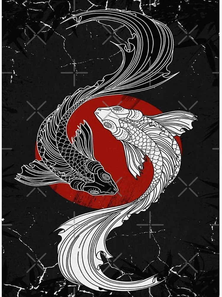 Japanese Yin Yang Koi Fish Tapestry, Cool Red and Black Anime