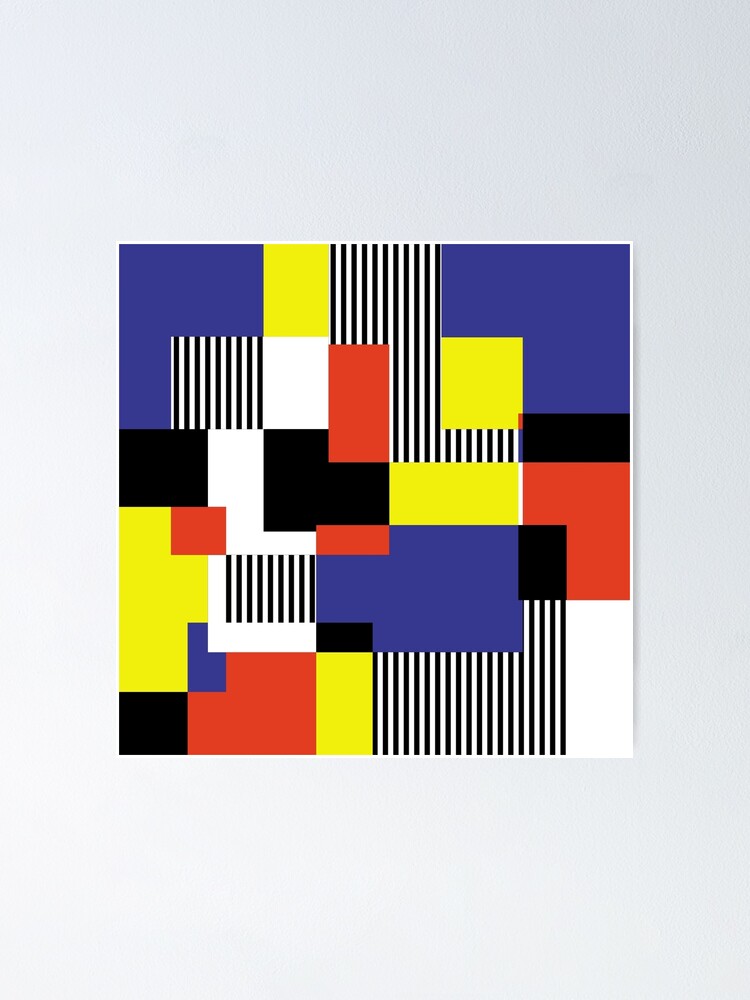 "MidCentury Modern Squares and Stripes Red, Blue, Yellow, Black, White