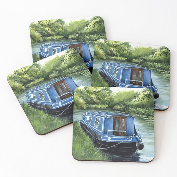 Item preview, Blue narrowboat on canal designed and sold by lizblackdowding.