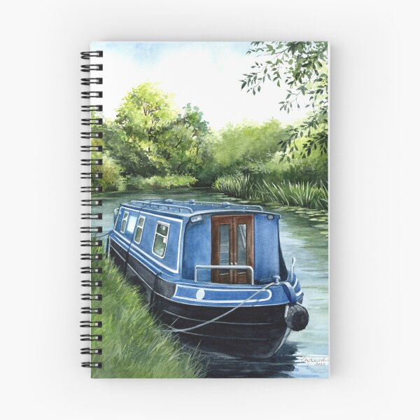 Item preview, Blue narrowboat on canal designed and sold by lizblackdowding.