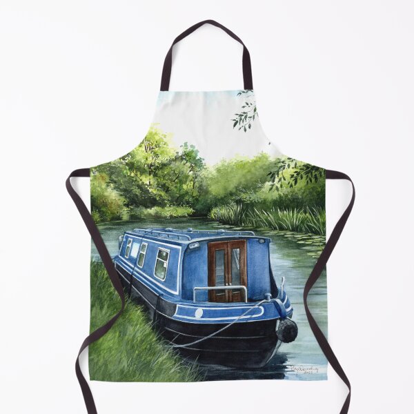 Item preview, Blue narrowboat on canal designed and sold by lizblackdowding.