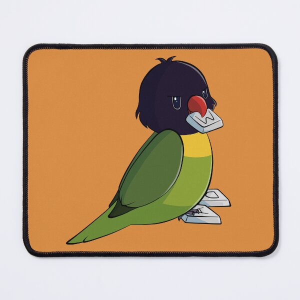 Naughty masked lovebird stealing gaming keys from keyboard Mouse Pad