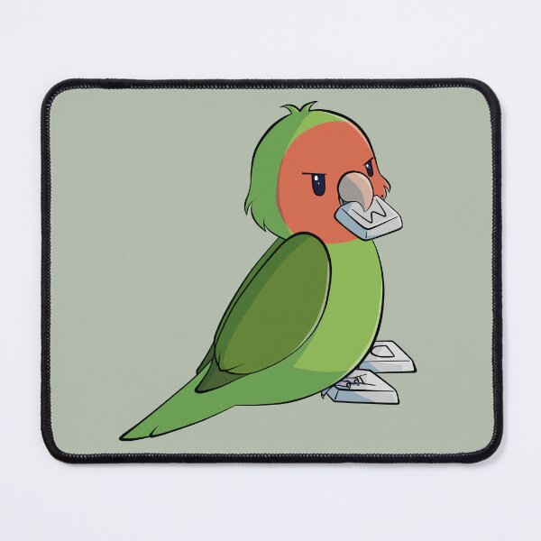 Naughty peach faced lovebird stealing gaming keys from keyboard Mouse Pad